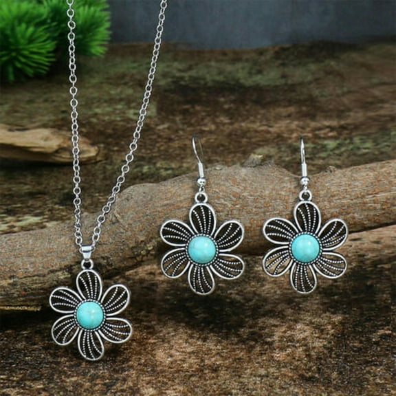 EOEMY Vintage 925 Silver Turquoise Boho Charm Pendant Jewelry Earrings Necklace Set-#2