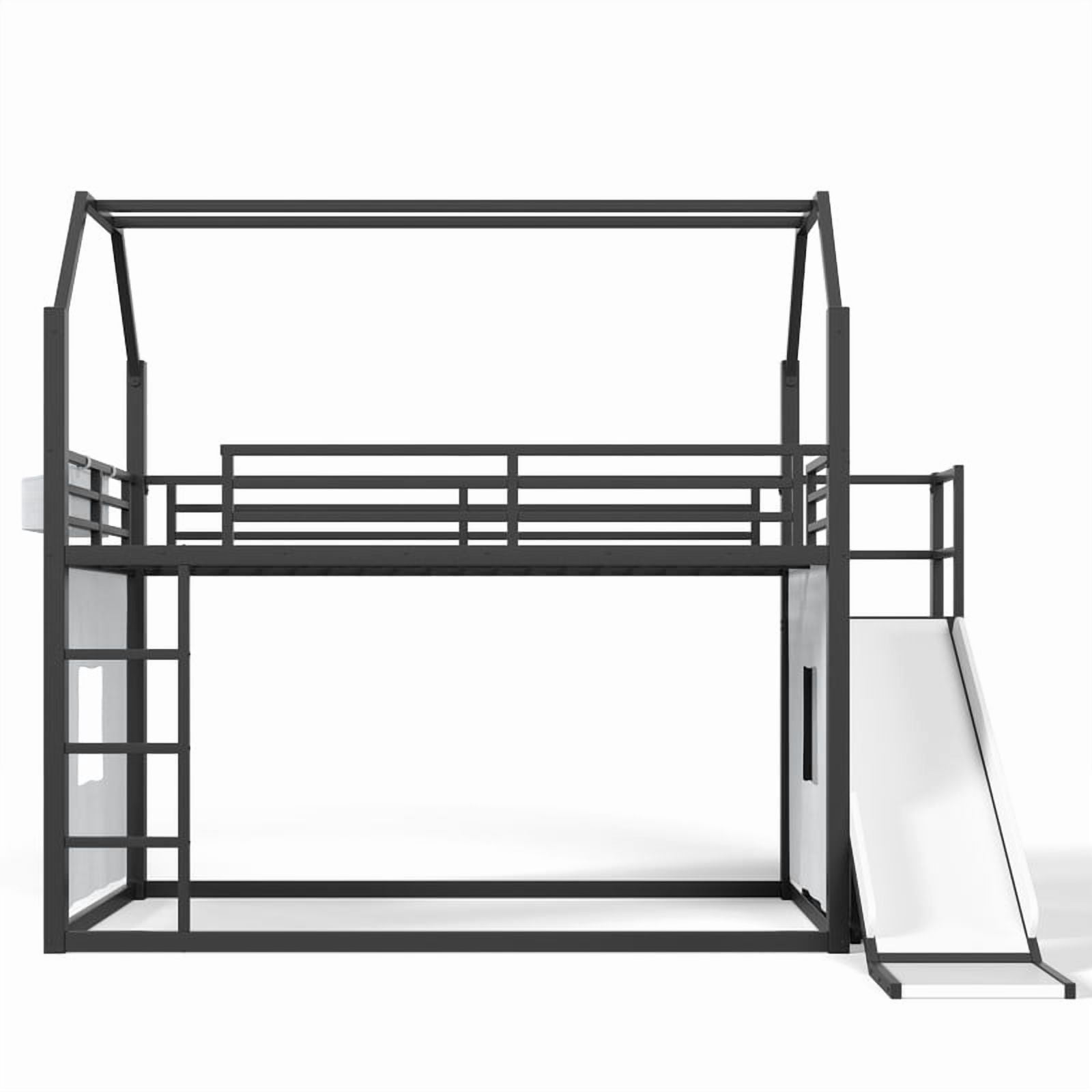 Twin Size House Bunk Bed with Slide, LED Lights, Clothes Rack, Storage Bags & Shelves, Metal Kids Bunk Bed with Guardrails, Playhouse Design, No Box Spring Needed