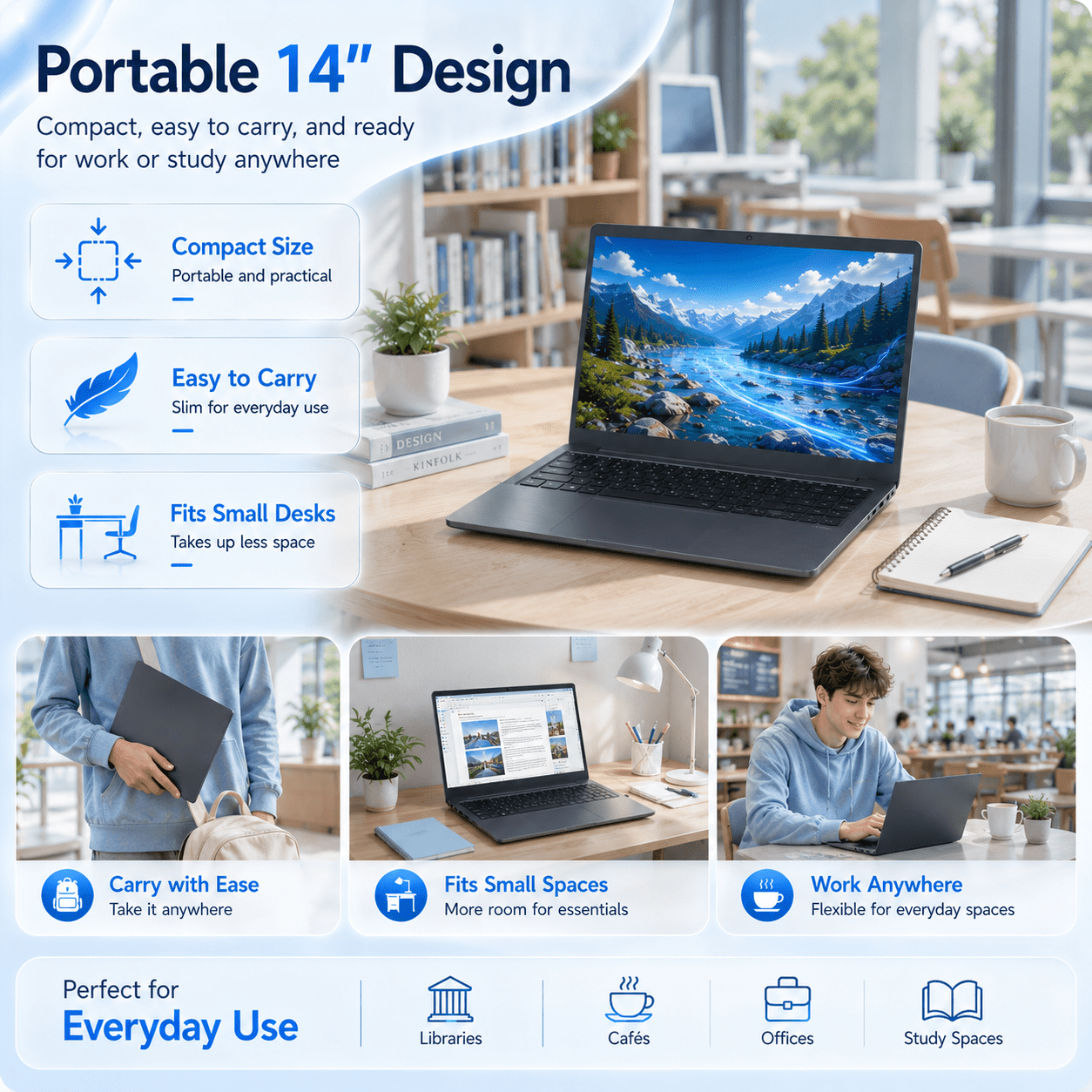 KINOBUC 14" FHD Laptop, Intel 6500Y, 8GB RAM, 256GB SSD, Windows 11, WiFi 5, Bluetooth 5.0, Office Ready, for Student & Home Office, Gray