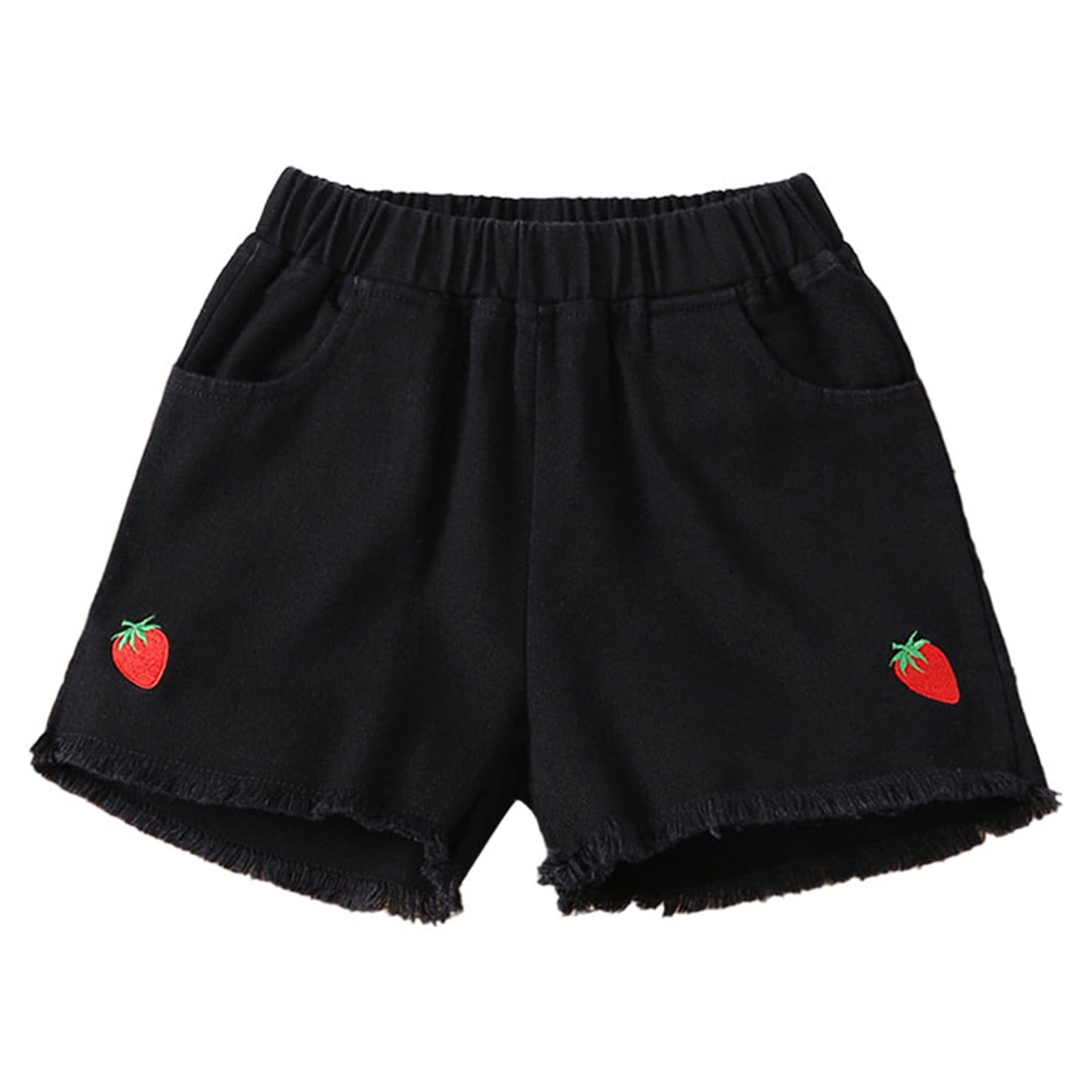 CPNG Kids Children Girls Daily Denim Shorts Summer Casual Strawberry Embroidery Elastic High Waist Shorts with Pockets(Black 13-14 Years)