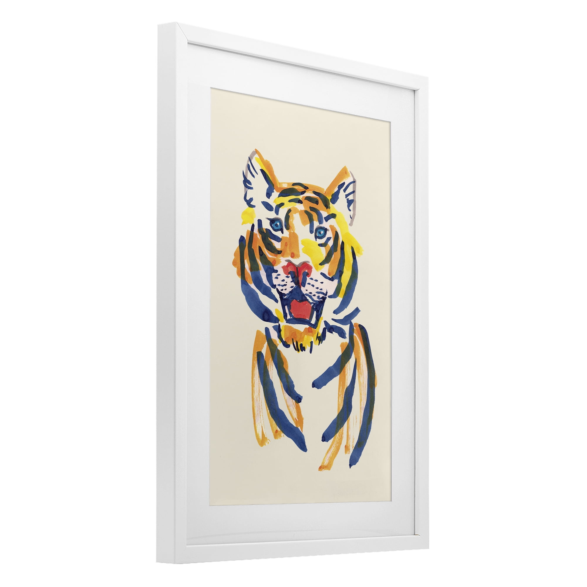 Tiger Roar Watercolor White Framed Print Under Glass, design by Karolina Sato