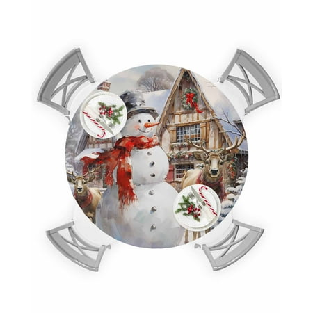

Round Tablecloth with Elastic Oil Painting Christmas Snowman Elk Elf Waterproof Stain-proof Table Cover Wipeable Fitted Table Cloths for 55 -60 Round Tables Dining Kitchen Indoor Outdoor Use