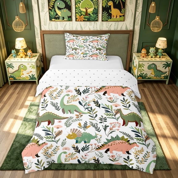 meiyoeat Boho Floral Dinosaur Twin Duvet Cover for Kids Boys Girls, Jungle Botanical Twin Bedding, White Green, Reversible, 2 Pieces, 1 Duvet Cover and 1 Pillowcase