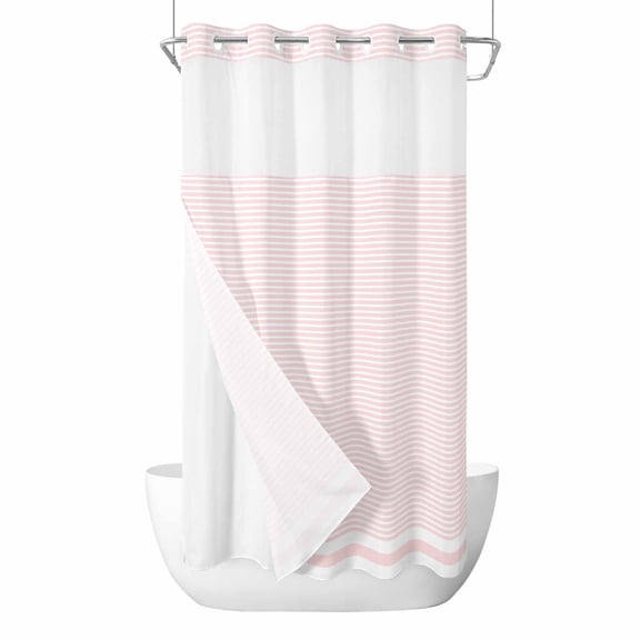 Farmhouse Pink White Striped No Hook Shower Curtain Waterproof, Bathroom Curtains with Snap in Liners and See Through Top Window, Modern Stripes Hotel Style Bathtub Curtains Shower 36"Wx78"L
