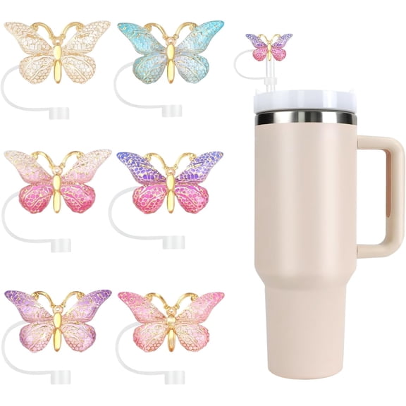 6PCS Straw Cover Cap Glitter Toppers for Stanley Cup, Reusable Tumbler Accessories Compatible with 10mm Straw, Funny Gifts for Women & Girls