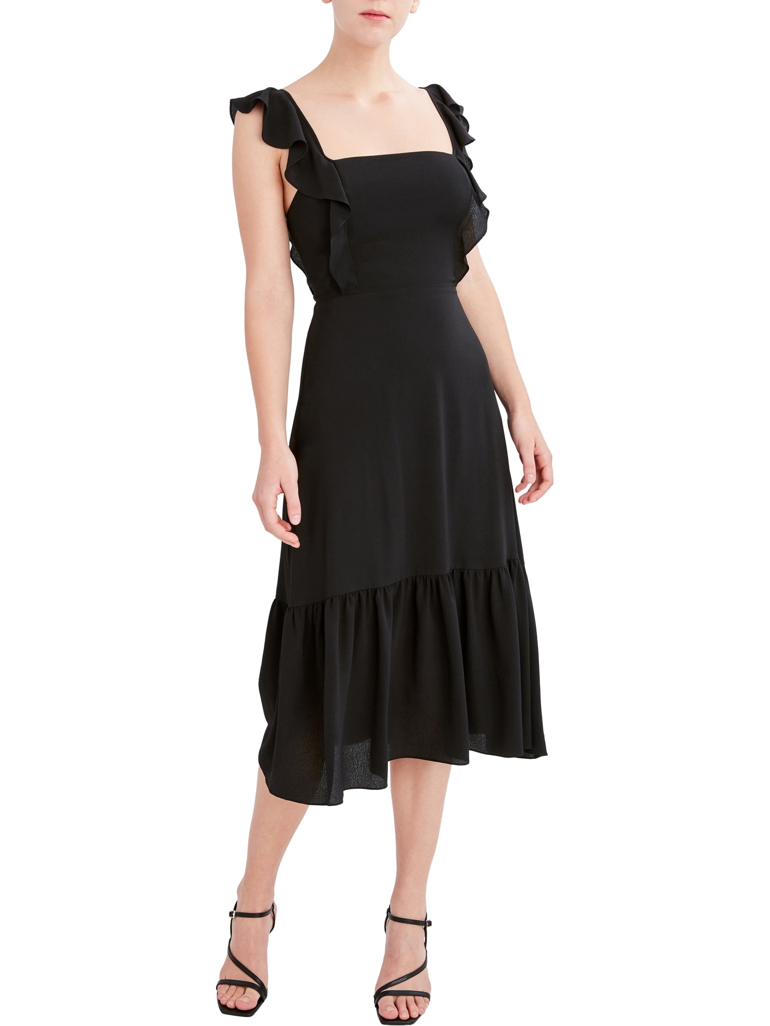 knee length dresses for ladies Black Printed Frill Strap Midi Dress  AX Paris