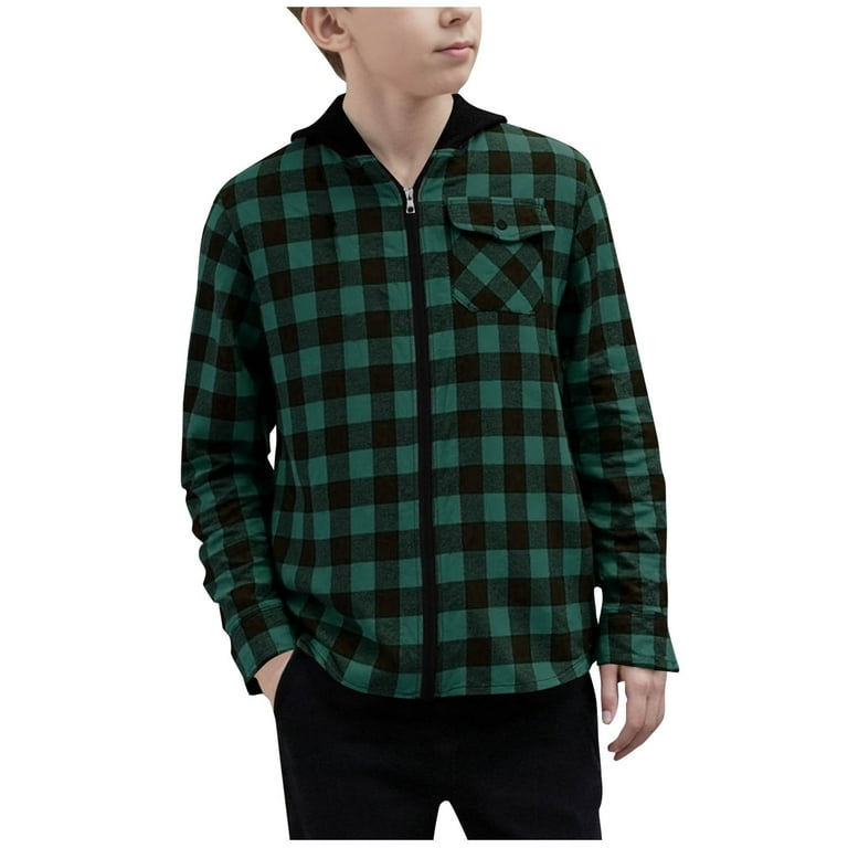 Boys Zip up Plaid Jacket Long Sleeve Hoodie Plaid Flannel Shirt