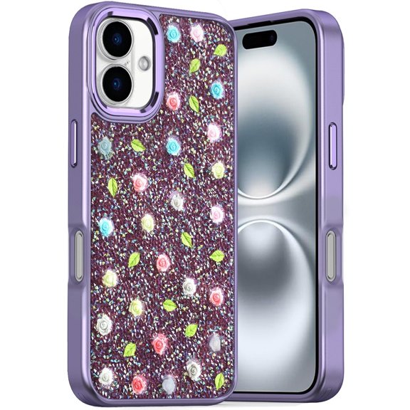 For Apple iPhone 16 Plus (6.7") Floral Design Embedded Glass Diamond Fancy Fashion Glitter Bling Sparkly Hybrid Rugged TPU Bumper Cover, XPM Phone Case [Purple]