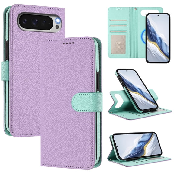2 In 1 Wallet Case for Google Pixel 10 Pro XL, Lychee Texture PU Leather Wallet Case with ID Credit Card Holder Slots Folio Flip Kickstand Detachable Magnetic Phone Cover & Wrist Strap, Purple