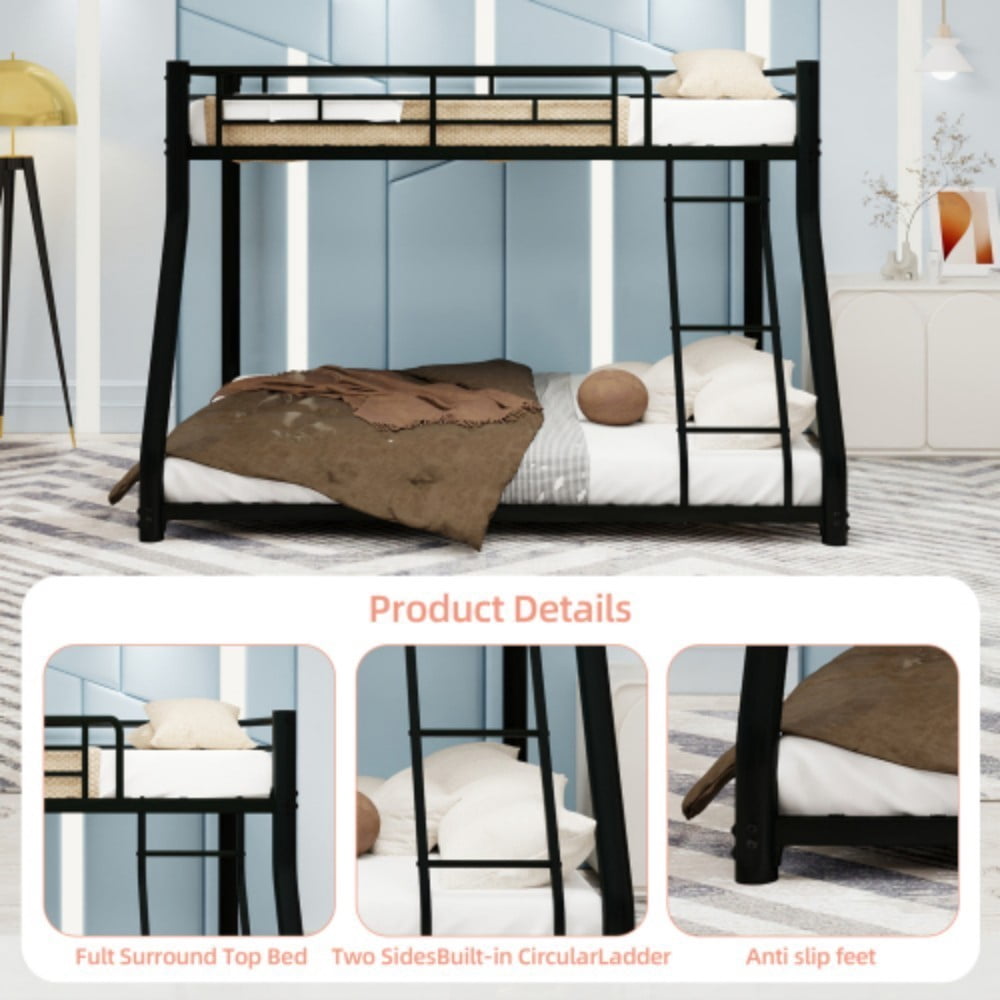 Twin Over Full Bunk Bed, Heavy-Duty Metal Frame with Ladder & Full-Length Guardrail, LED Light & USB Port, Noise-Free Design, 400 lbs Capacity, Black