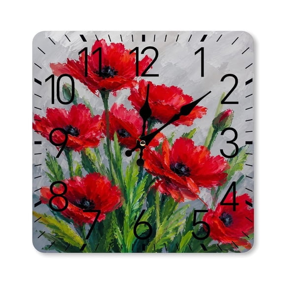 RKSupls 10×10inch Square Silent Wall Clock Wooden Frame, Red Poppy Bouquet.png Scale Decorative Clock for Home Bedroom Living Room Office