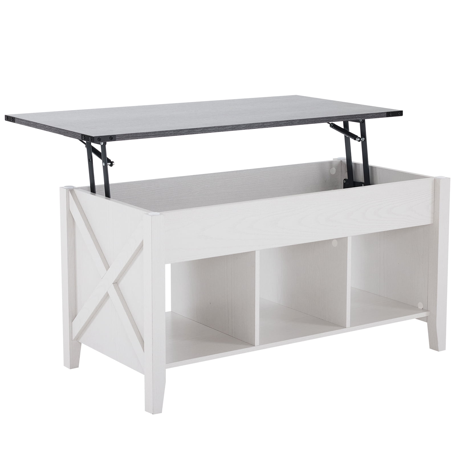 Ktaxon Mid-Century Lift Top Coffee Table, Multi-Functional Lift Tabletop Center Table for Living Room with Hidden Storage Compartment & 3 Cube Shelves, White & Gray