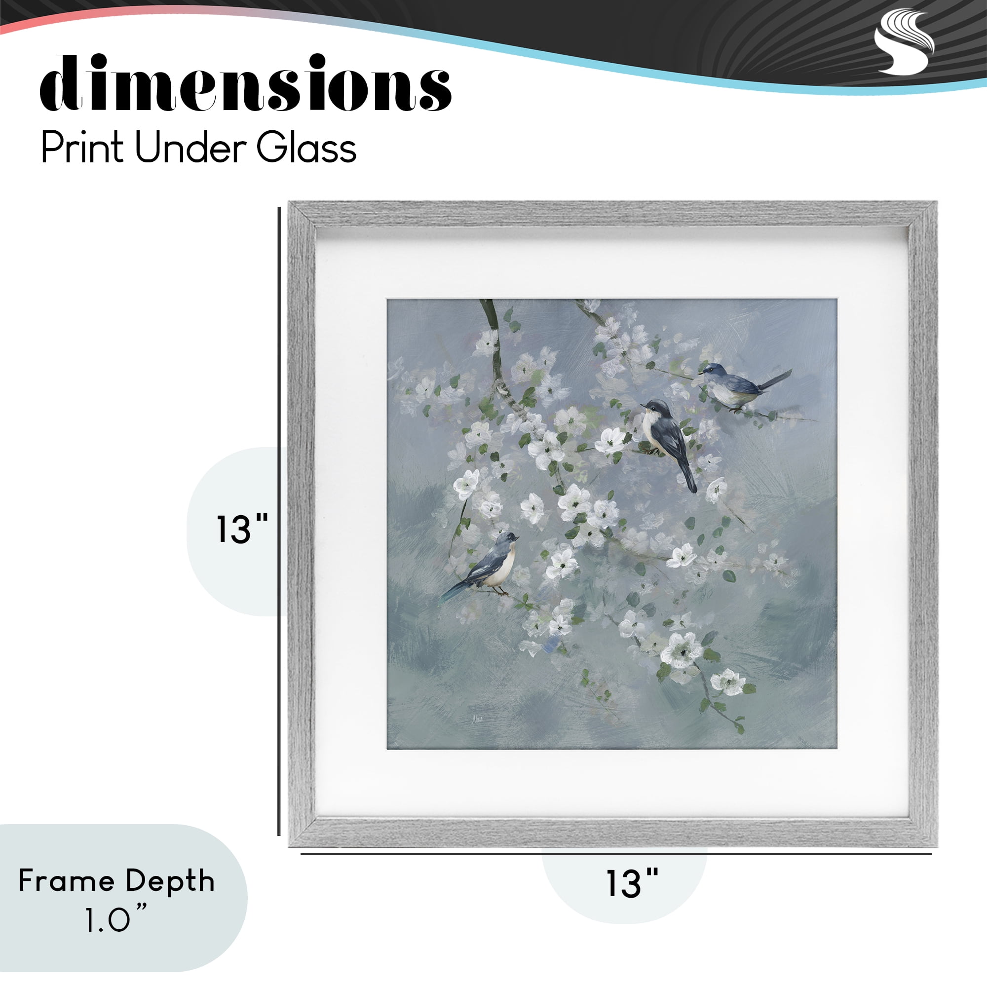 Stupell Industries Serene Birds on White Blooms Gray Framed Print Under Glass, design by Nan