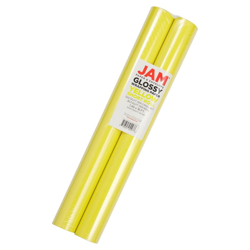 JAM Paper Glossy Wrapping Paper, 52.6 Sq ft Total (17 in x 18 Ft Each), Yellow, 2 Rolls