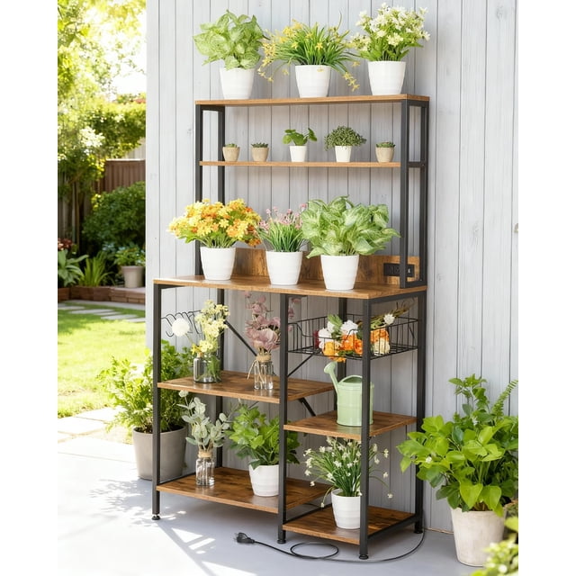 Rustic Brown 4 Tier Bakers Rack with Power Outlet and 6 Hooks, Metal Wood Coffee Bar Station with Wire Basket, Microwave Stand Kitchen Storage Shelf for Spices Pots