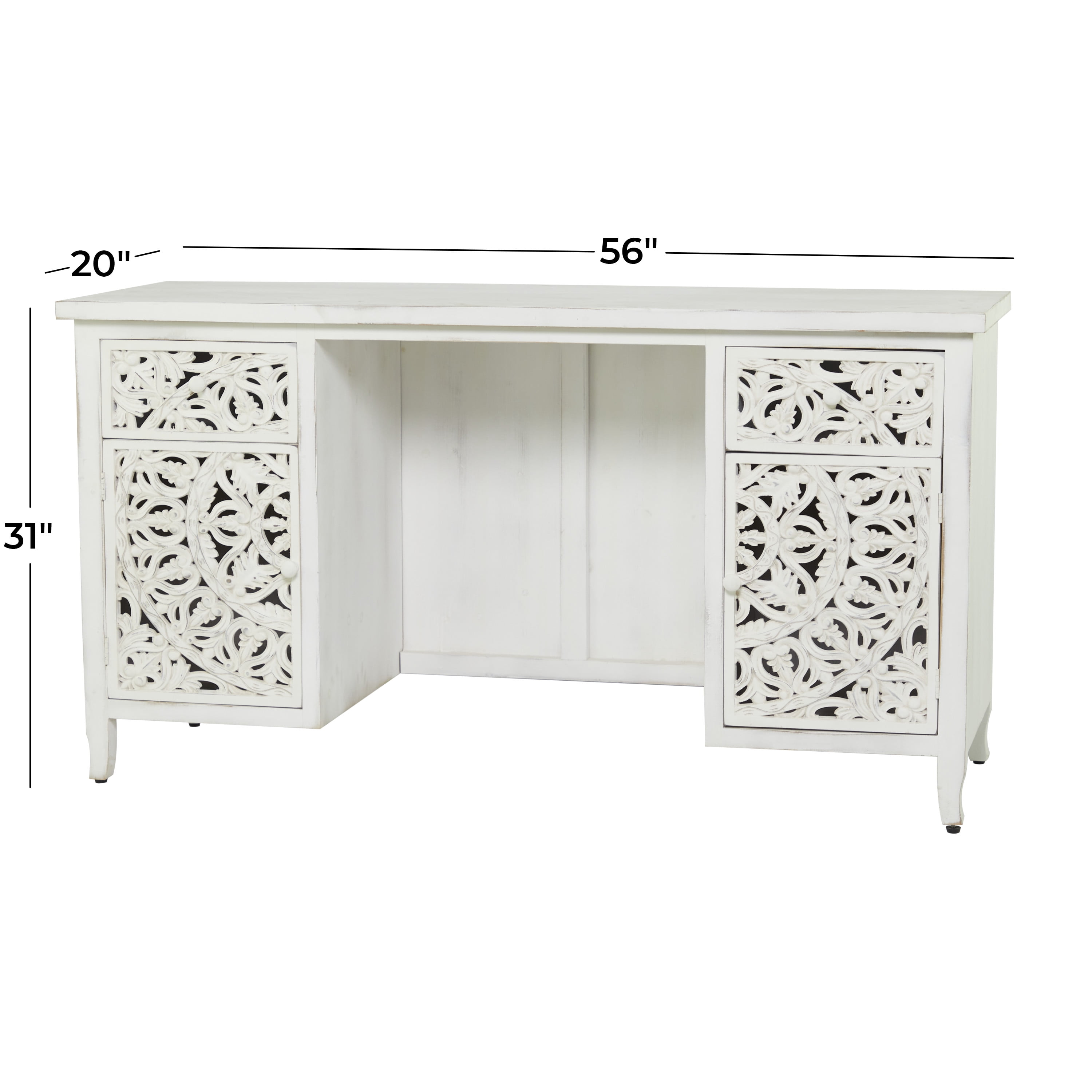 DecMode 56" x 31" White Wood Handmade Floral Desk, 1-Piece