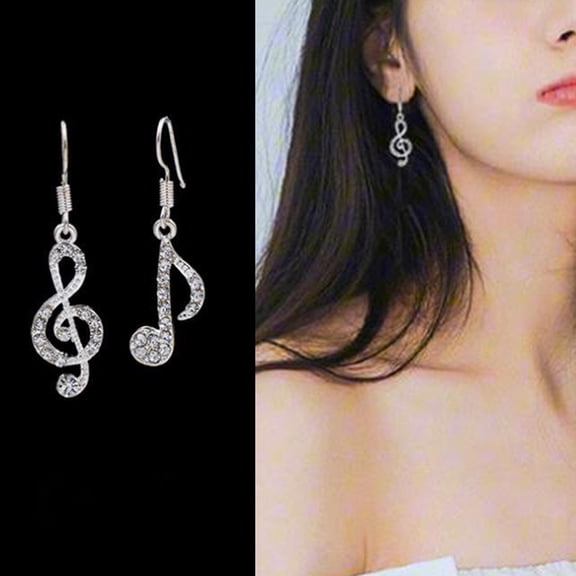 Besufy Asymmetric Rhinestone Inlaid Music Note Ear Hook Women Dangle Earrings