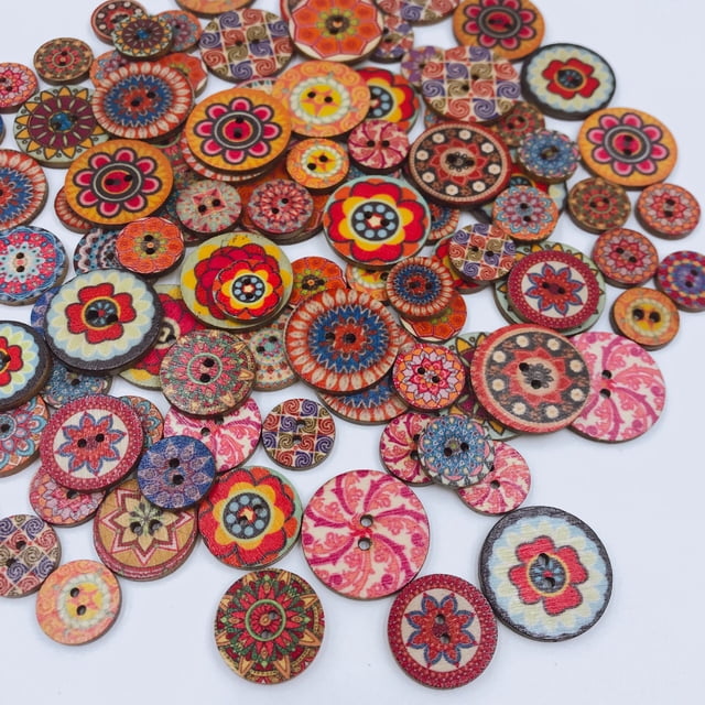 (15 mm) 100 piezas de botones aleatorios mezclados con pintura de flores, formas redondas, botones Retro de madera, colores surtidos para hacer manualidades DIY