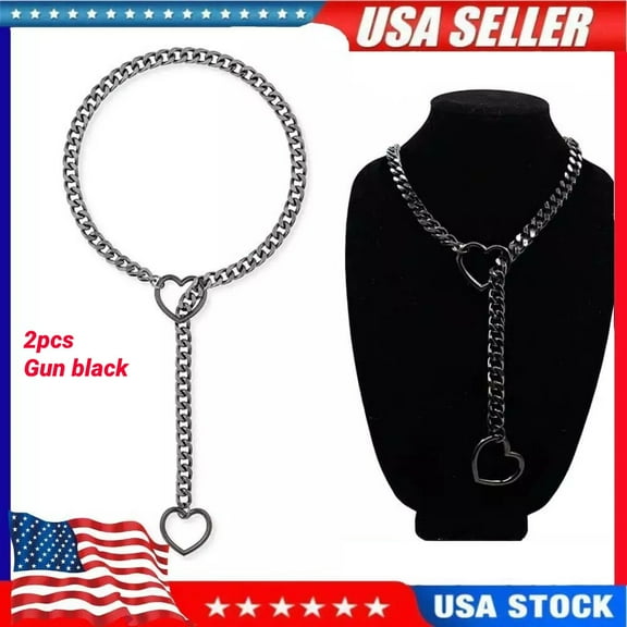 2 Heart O-Ring Slip Chain Necklace for Women Handmade Punk Gothic Cuban Necklace