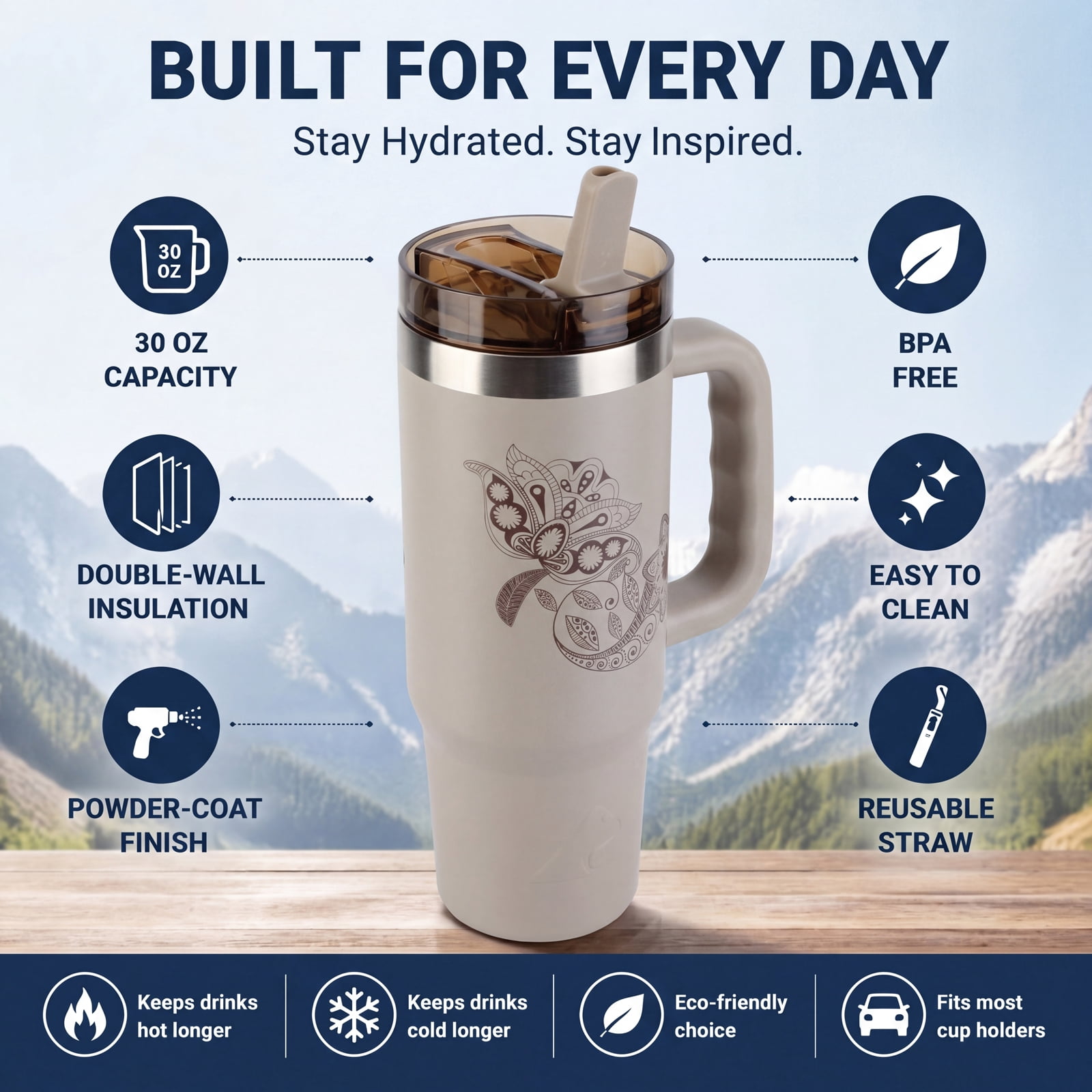 Ozark Trail 30 oz Stainless Steel Insulated Travel Tumbler with Handle and Flip Straw Lid, Teddy Bear