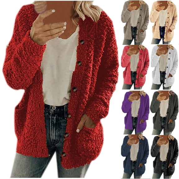 FAVIPT Fleece Jacket for Women Plus Size Open Front Button Down Cardigan Sweater Long Sleeve Fuzzy Winter Warm Outerwear with Pockets Purple,3XL