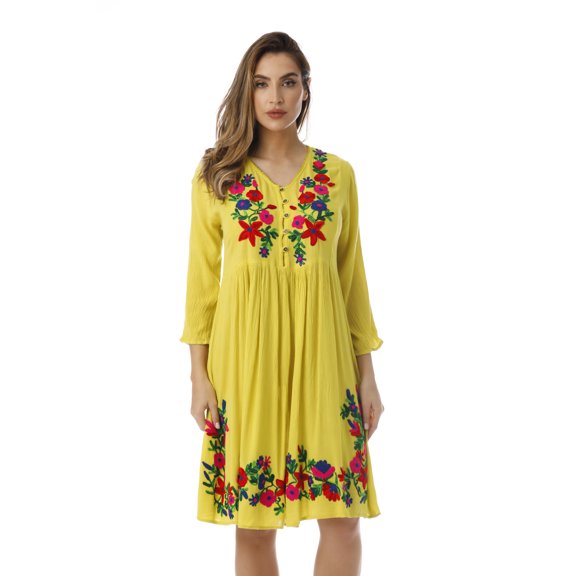 Riviera Sun Embroidered Dress with 3/4 Sleeve (2X, Lime)