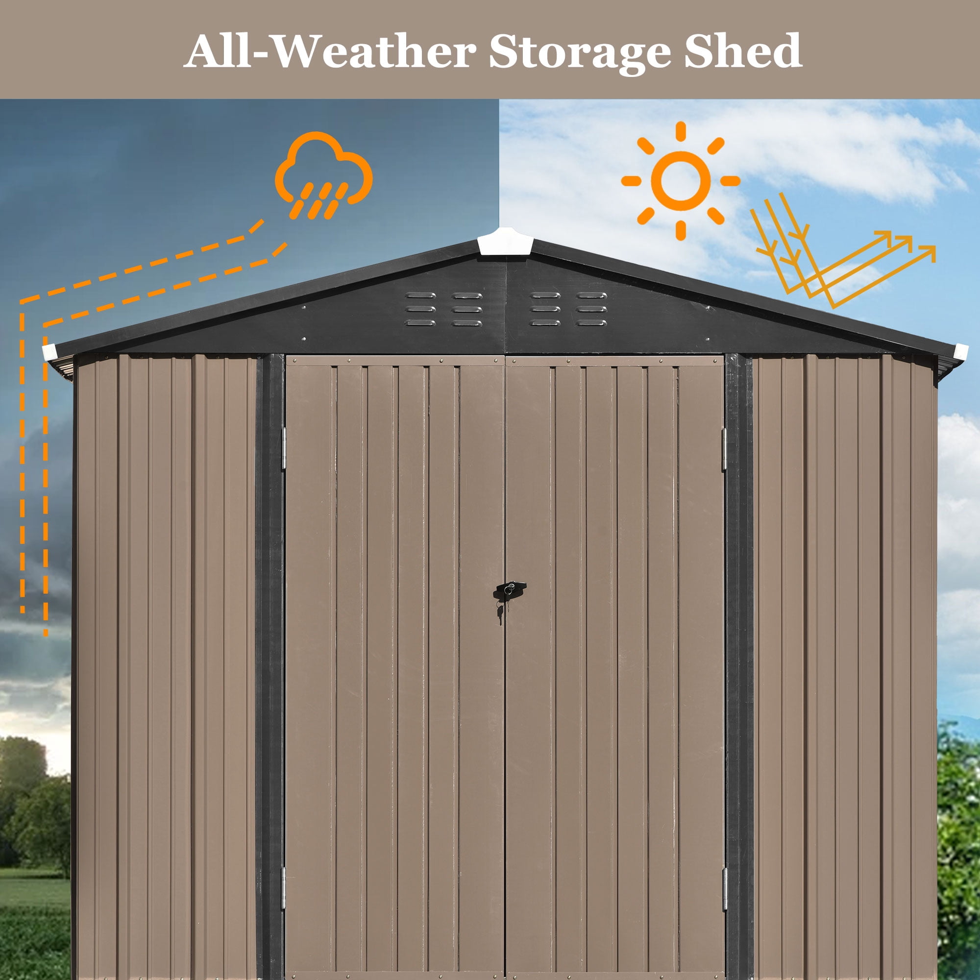 Storage Shed 8FT X 6FT, Outdoor Shed Garden Storage Shed Metal with Lockable Doors and Foundation Frame, Bike Shed for Patio Lawn Backyard Trash Cans