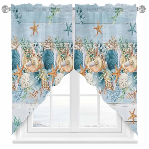 Swag Curtain Valances Starfish Conch Shell Swag Valances for Kitchen Windows Ocean Coral Seagrass Blue Wood Short Topper Curtains Valance Tier Pair for Kitchen Bedroom Living Room Bathroom 28"x36"