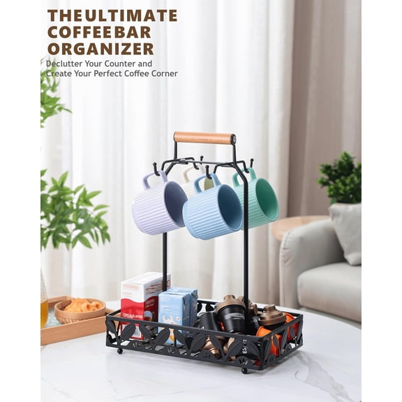 Mug Holder for Countertop, 2-in-1 Mug Tree for Large Mugs & Coffee Cup Stand with Storage Basket - Mug Rack & Organizer for Coffee Bar Accessories