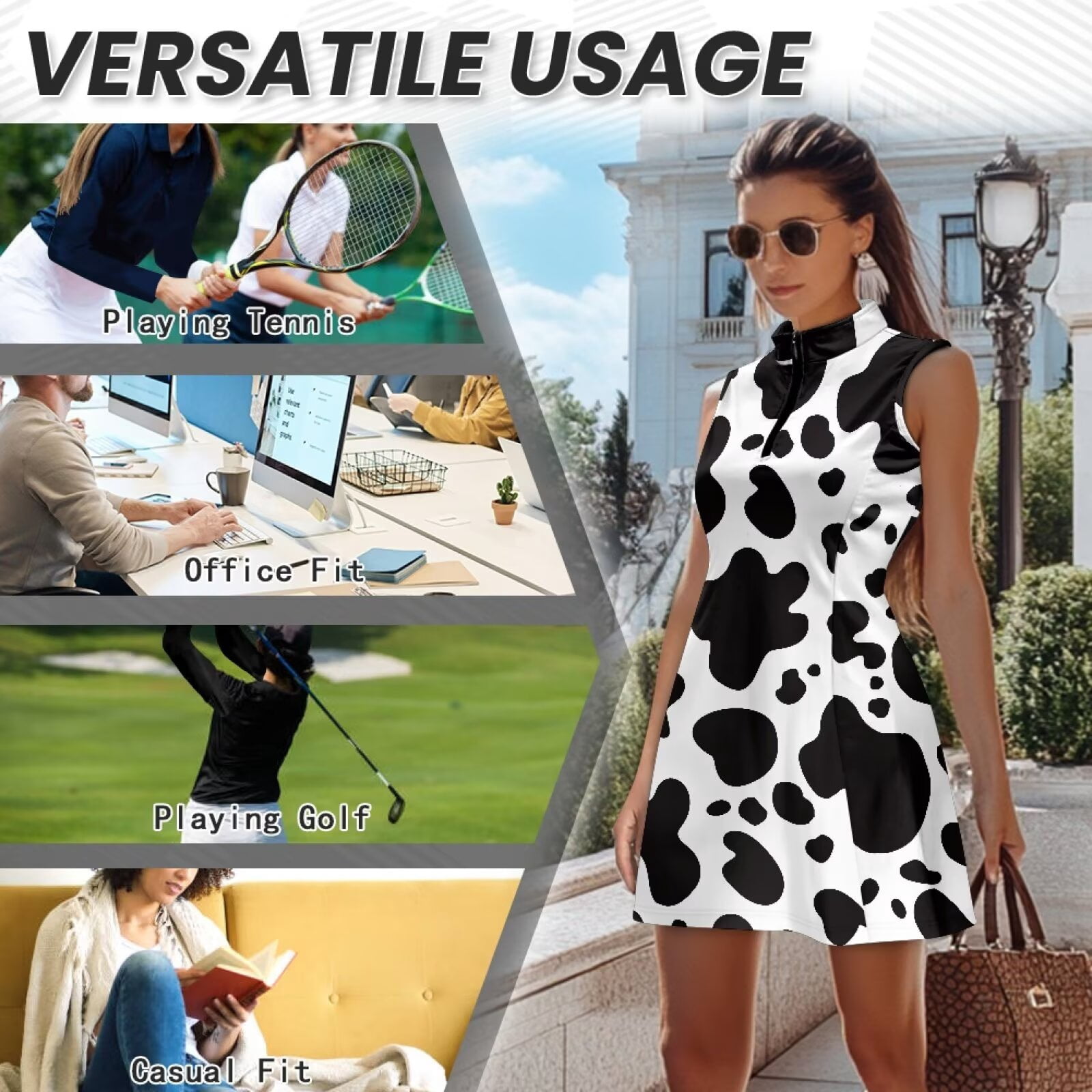 Yuyamidu Black White Cow Print Womens Golf Dress with Shorts Pockets Sleeveless Summer Outfits Golf Athletic Tank Dresses Moisture Wicking Womens Athletic Clothing Sets Size M