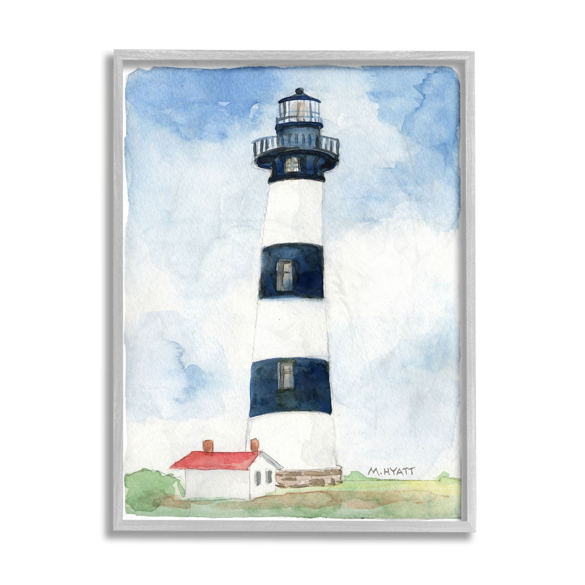 Stupell Industries Black Striped Lighthouse with Quaint Cabin Grey Framed, 11 x 14, Design by Melissa Hyatt LLC