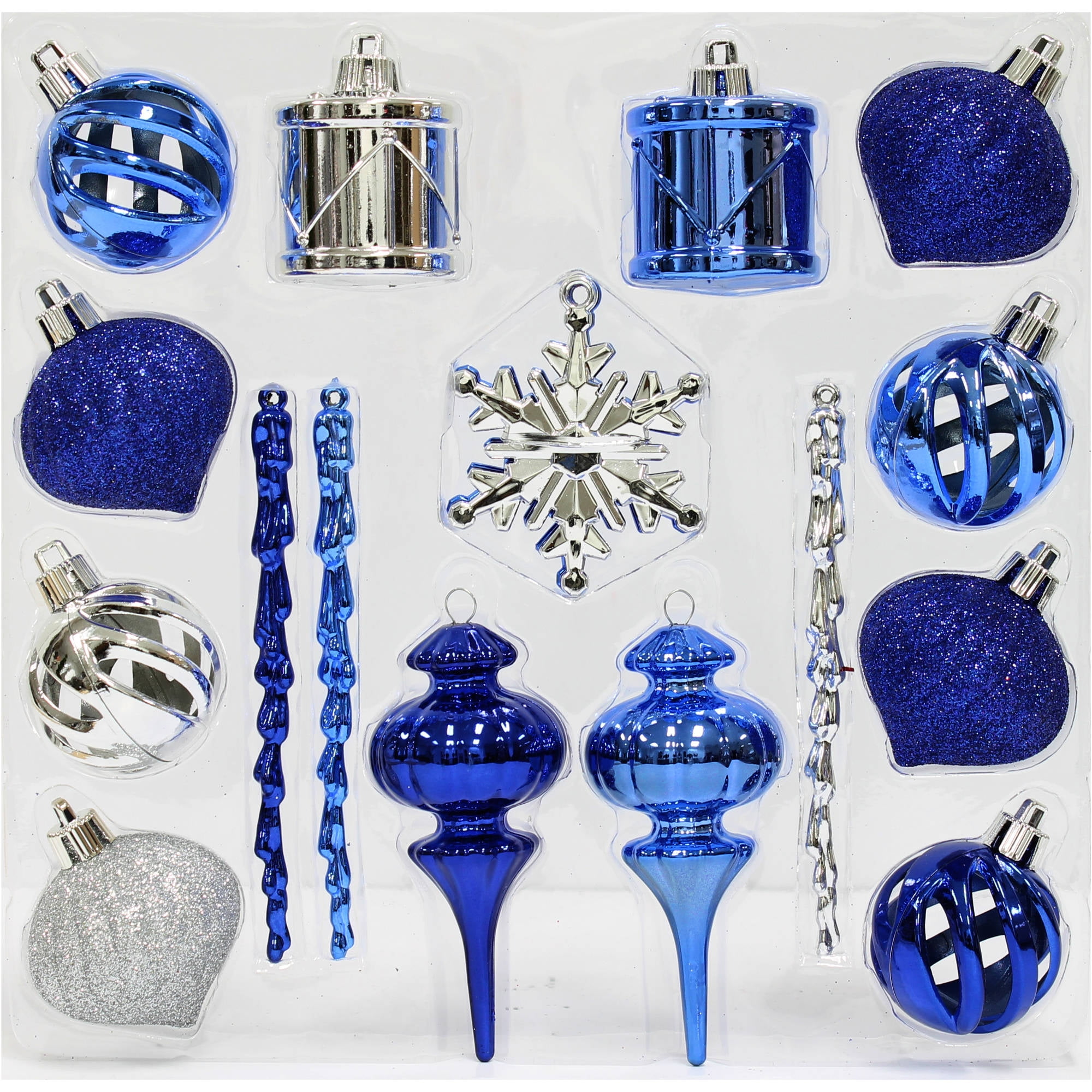 Holiday Time Christmas Ornaments Blue / Silver Mini Shatterproof, Set