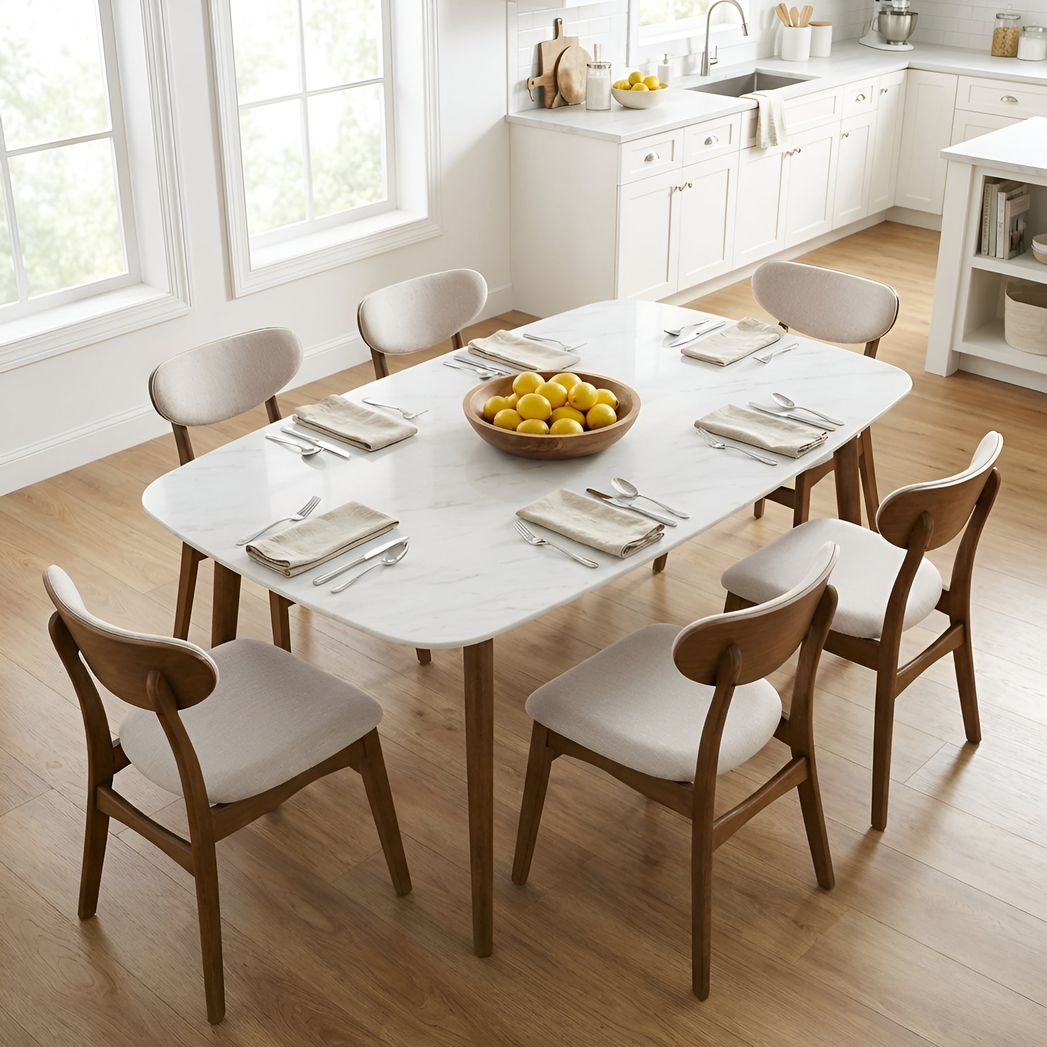 Prilinex Farmhouse Dining Chairs Set of 6, Mid Century Modern Fabric Upholstered Kitchen Chairs, Wooden Dining Room Chair with Curved Back for Kitchen Dining Room Restaurant Cafe, Beige