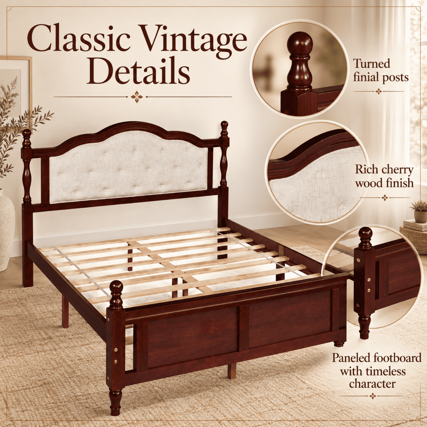 Miniyam Wood Queen Size Bed with Tufted Upholstered Headboard for Adult, Cherry