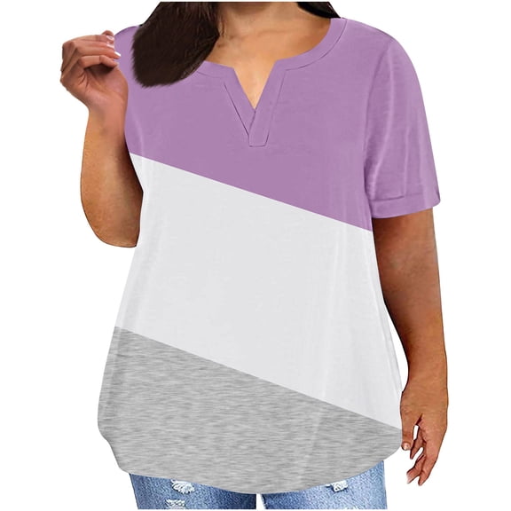Hngshg Plus Size Tops for Women Comfy Loose Casual Short Sleeve Color Block V Neck Trendy Work T Shirts Summer Going out Tops