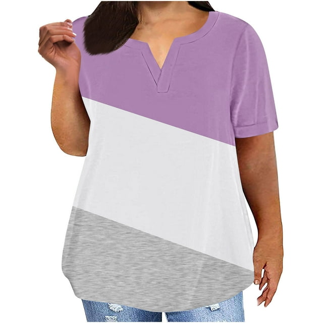 Plus Size Womens Summer Tops Loose Fitting Casual Color Block T Shirts V Neck Graphic Tees Pullover Purple, L