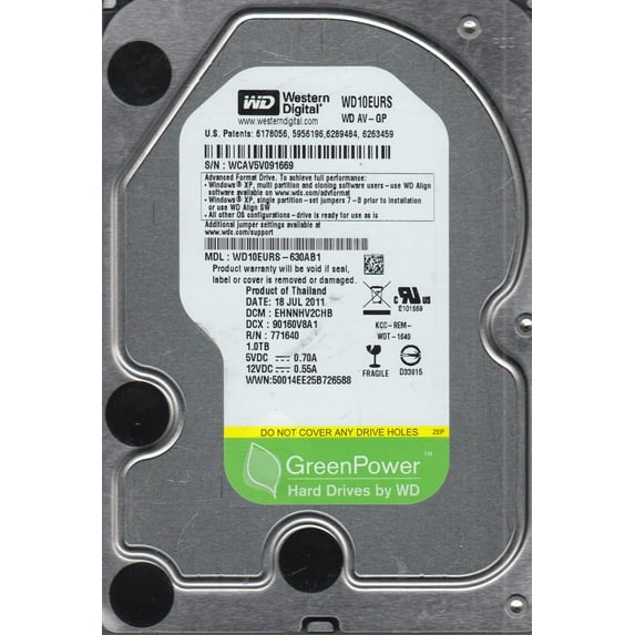 WD10EURS-630AB1, DCM EHNNHV2CHB, Western Digital 1TB SATA 3.5 Hard Drive
