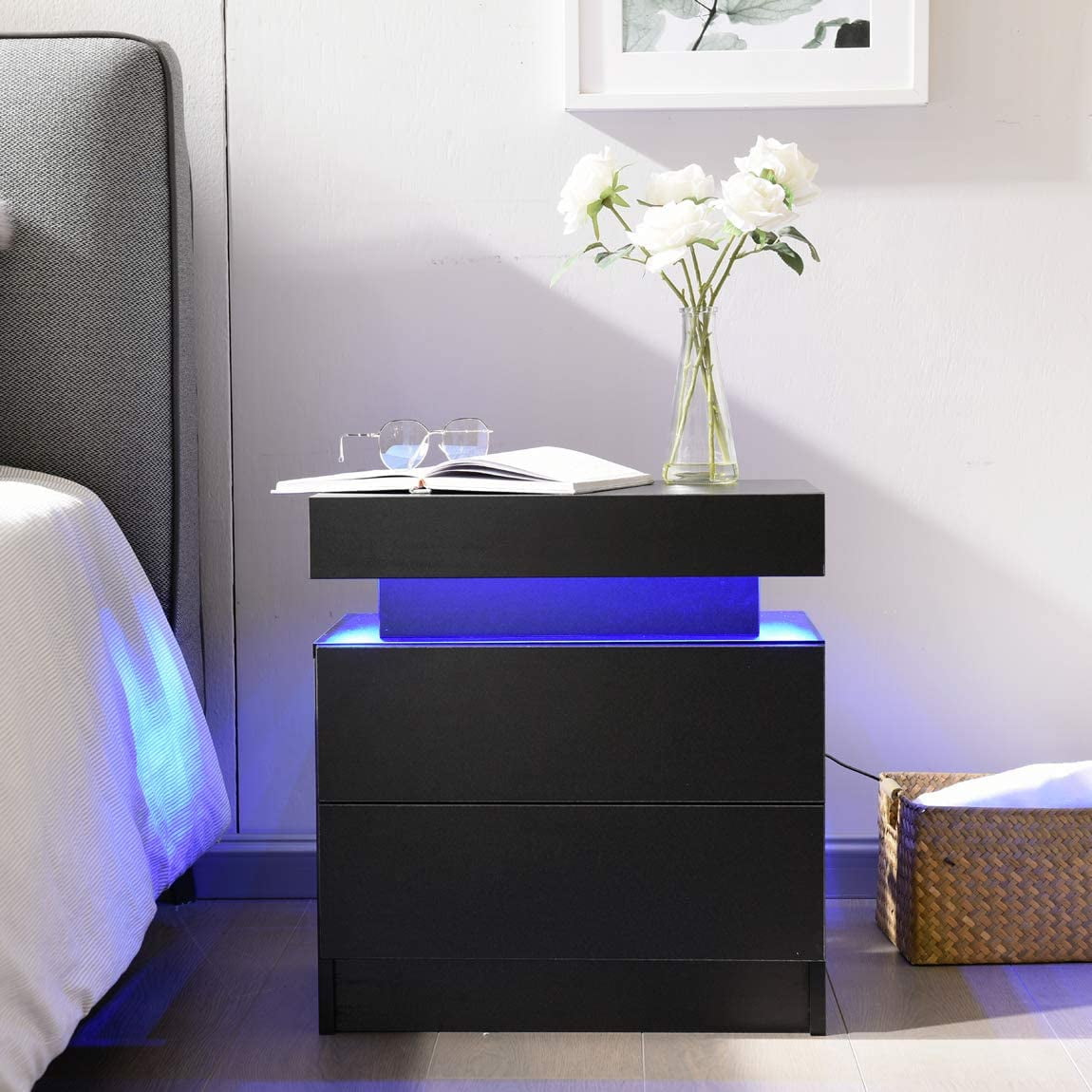 Modern 2 Drawer White High Gloss Nightstands with LED Lights (White