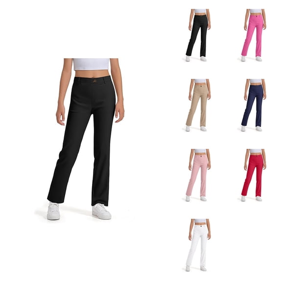 Girls High Waisted Dress Pants with Pockets, High Stretch Uniform & Casual Wide Leg Trousers for Kids, Sizes 5-14 Years