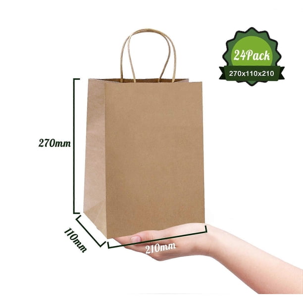 Bolsas de papel kraft con asa, 24 unidades, 21 x 11 x 27 cm, bolsas de regalo de papel kraft para fiestas navideñas, para uso en interiores y exteriores.