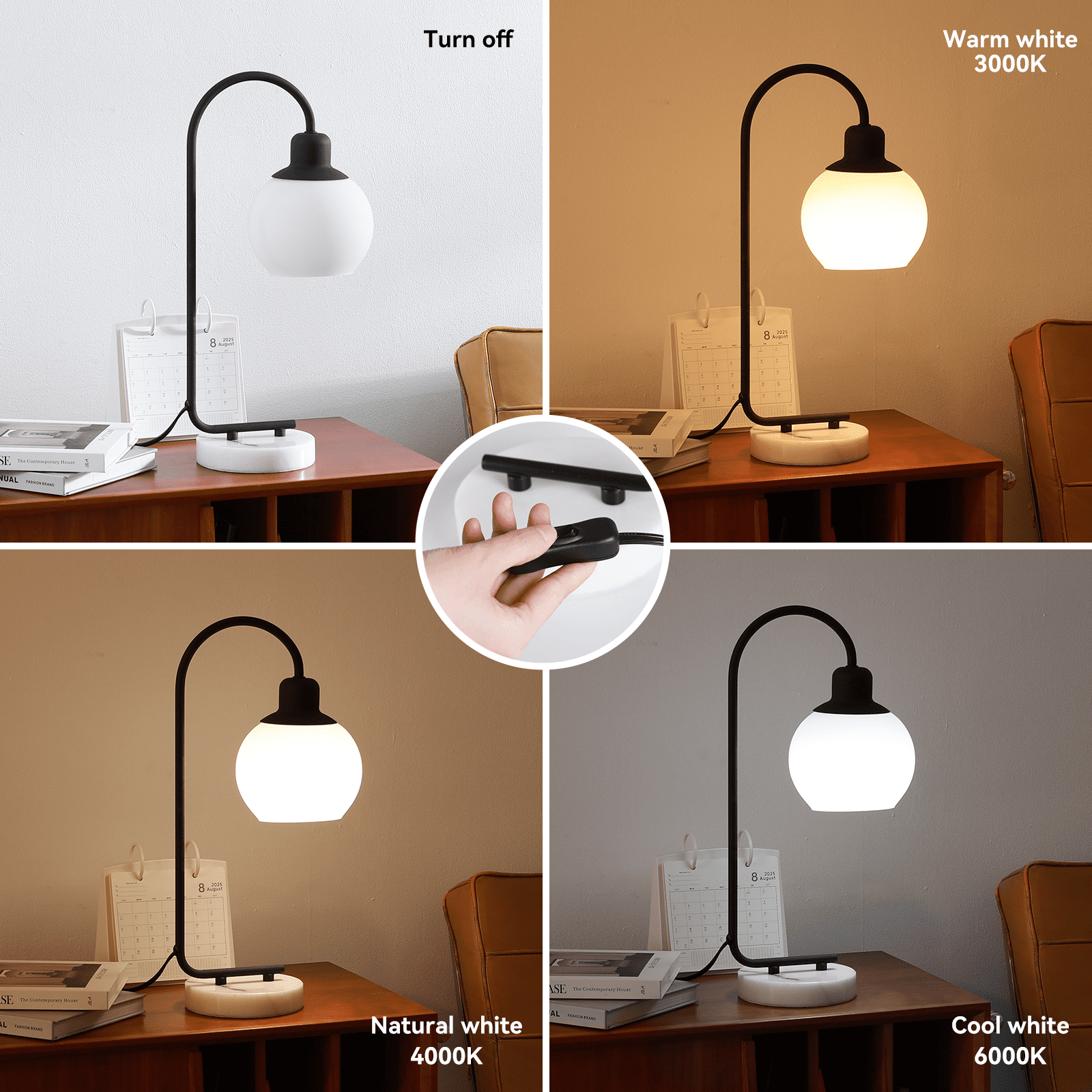 SUNMORY 20" Marble Table Lamp, Modern Desk Lamp with 3 Color Temperatures, Bedside Lamp with Marble Base & Glass Lampshade, Convenient Rocker Switch, Nightstand Lamp for Bedroom, Living Room, Office