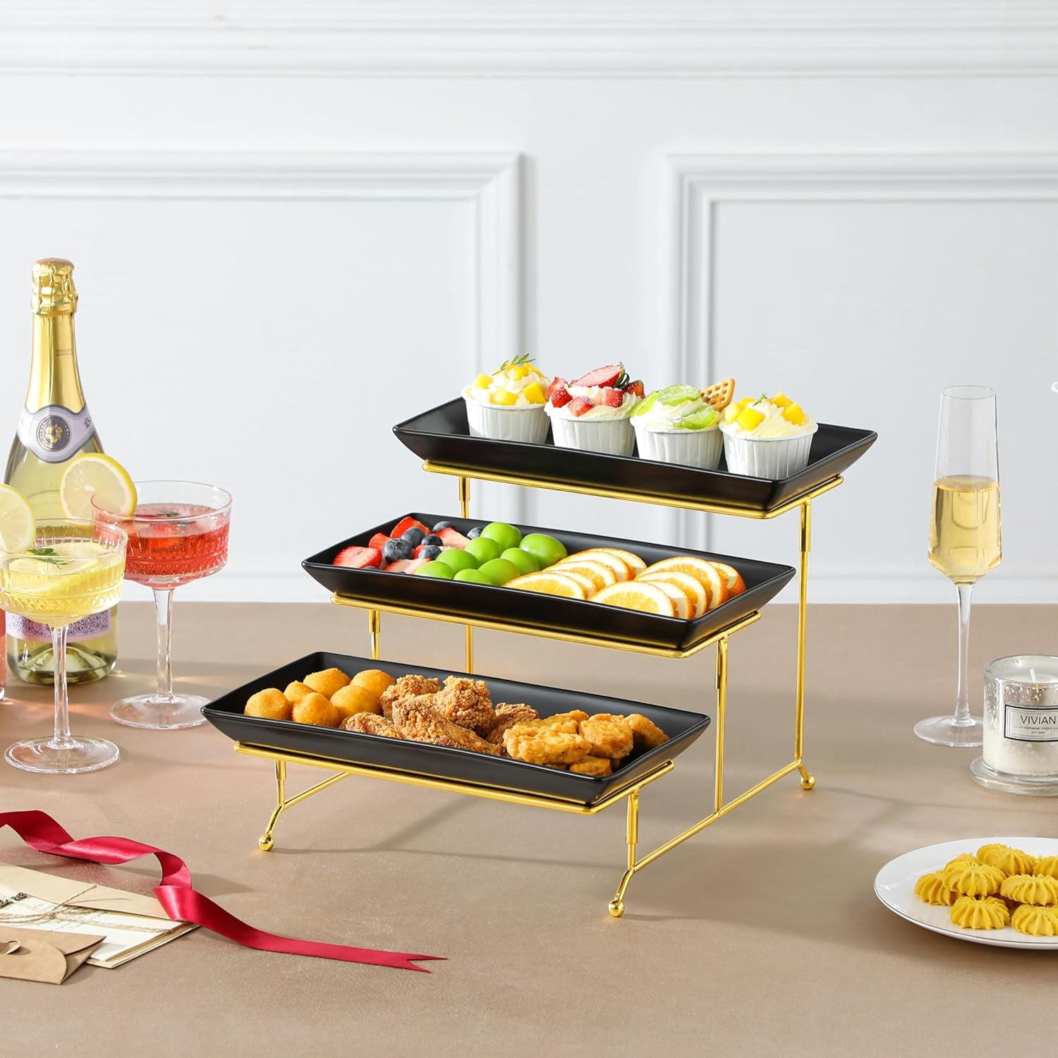 3 Tier Serving Tray, Porcelain Tiered Tray Stand, 14 Inch Ceramic Serving Platter with Collapsible Sturdier Rack, Dessert Wihte, Series PLAT