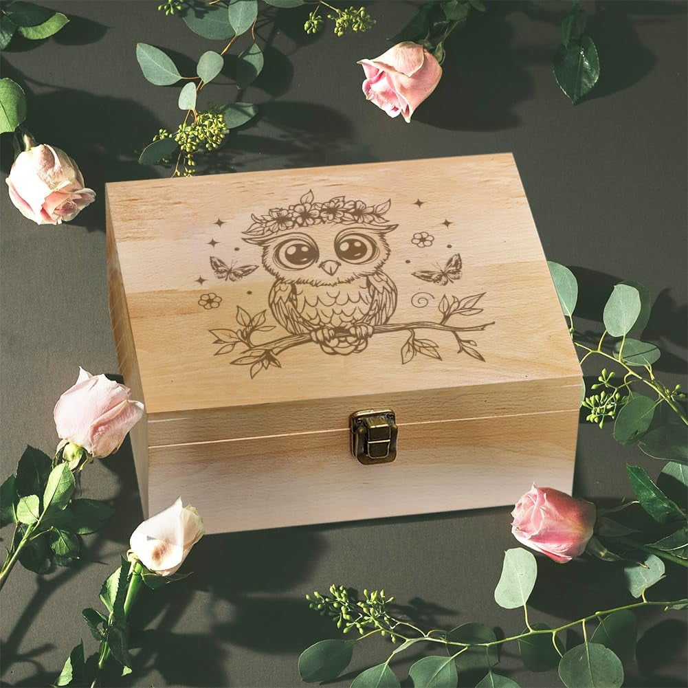 1 Pc Wooden Memory Keepsake Box Owl Pattern Memory Box with Hinged Lids Animal Theme Keepsake Chest for Souvenirs Picture Letter Storage 9.6x7.6x4inch(24.5x19.5x10.3cm)