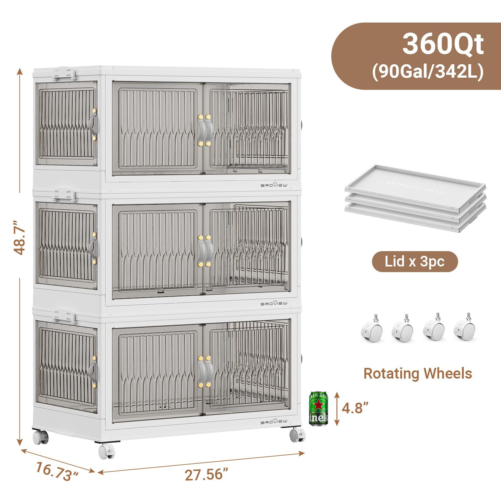 BROVIEW 360QT Large Stackable Storage Bins with Lids and Wheels, Plastic Closet Organizer and Storage Drawer, Collapsible Storage Cabinet with Doors for Home Kitchen, 3Pack White