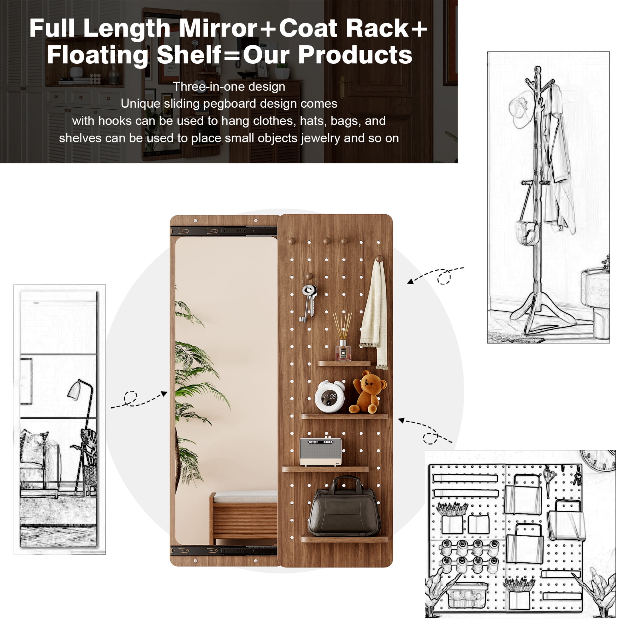 Noble House 47.6" Wall-Mounted Full-Length Mirror, Multifunctional Rubberwood Frame, Shelf & Hooks, Sliding Panel, Walnut