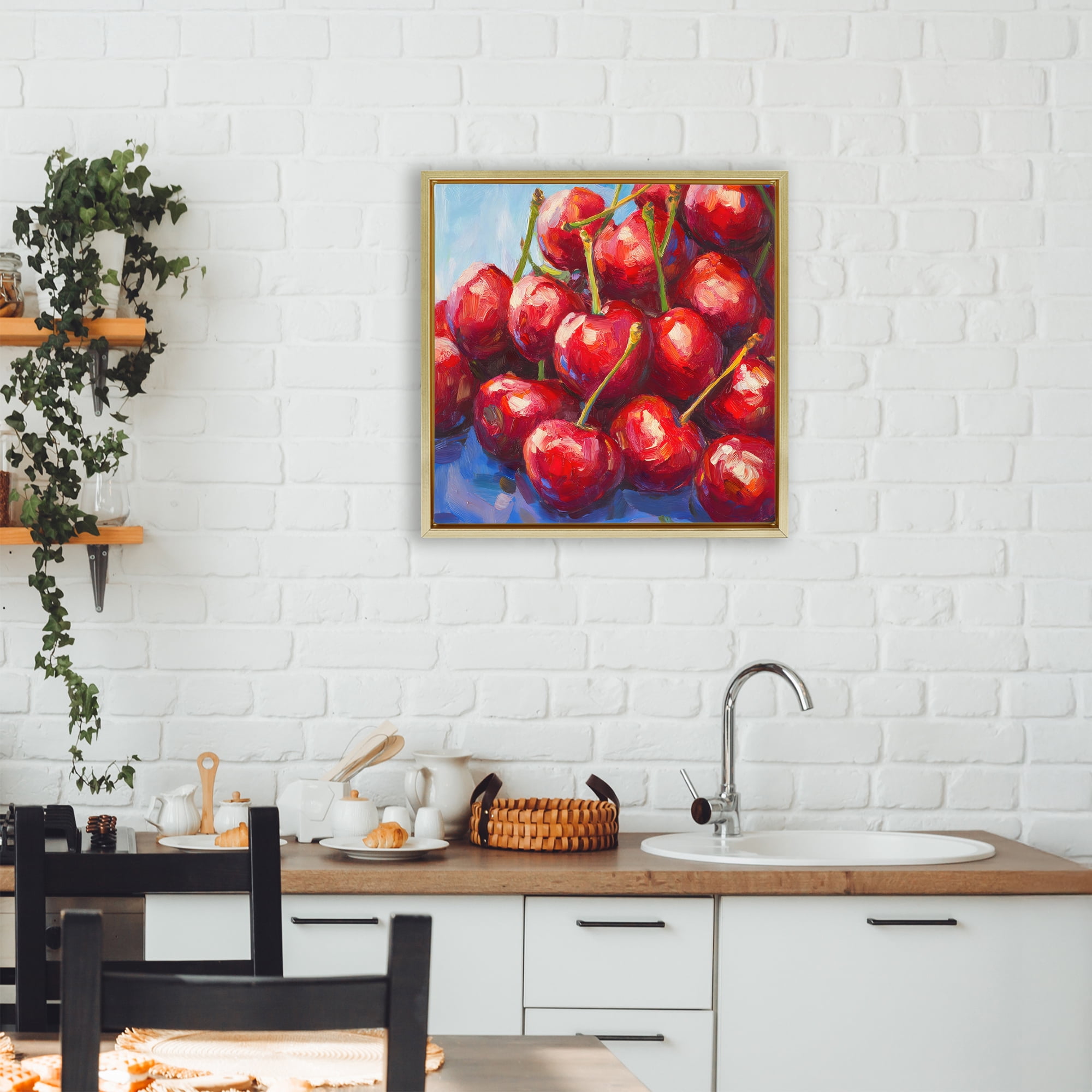 Stupell Industries Luscious Red Cherries of Summer Gold Framed Floater Canvas Wall Art, design by Petal Prints Design