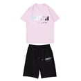 thumbnail image 1 of Traje de pantalón corto con cintura elástica y cuello redondo de manga corta estampado informal para niño Rosa 120, 1 of 3