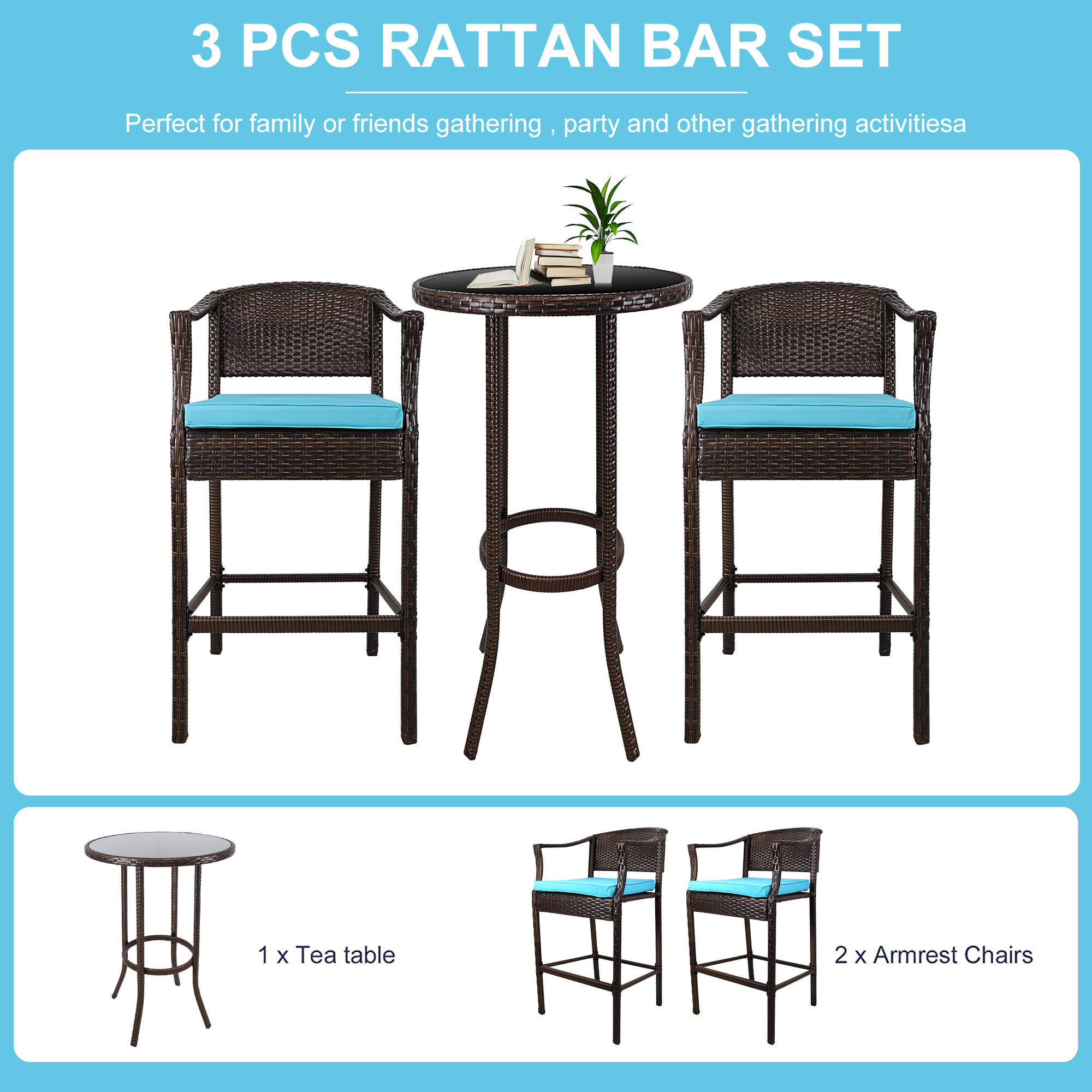 3 Piece Patio Height Bar Set with Table and Chairs, Outdoor Bistro Set, 27.56" Bistro Dining Table and 2 Cushioned Chairs, Patio Furniture Sets Suitable for Yard, Balcony, Garden, and Pool, B15 - image 5 of 10