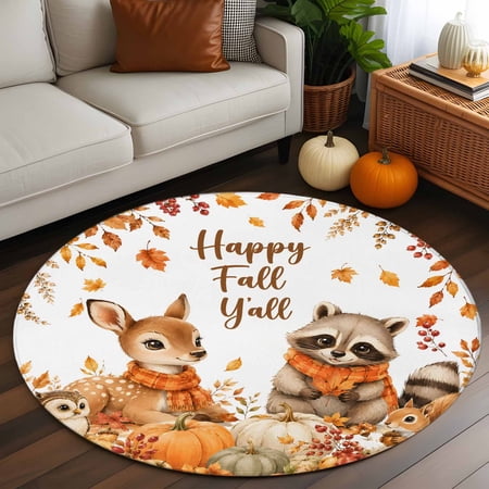 Thanksgiving Round Area Rug 4 FT Non Slip Indoor Outdoor Rug Fall Deer Raccoon Pumpkins Maple Leaves Washable Soft Circular Carpet Non-Shedding Floor Mat for Coffee Table Nursery Foyer Balcony