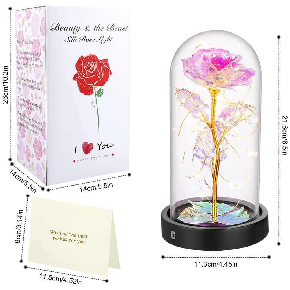 Rosnek Artificial String Galaxy LED On Base, & Wooden Gift Light Light USB with Night Glass Flower Battery Powered In Rose Forever Dome Rose Decorative